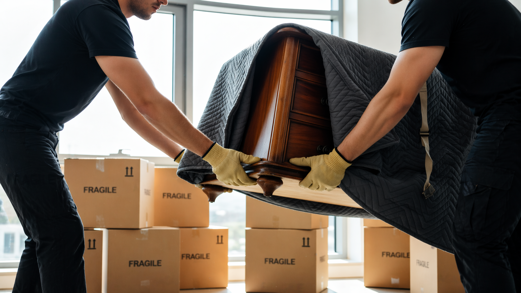 Close-up of professional movers carefully handling and protecting furniture during a move.